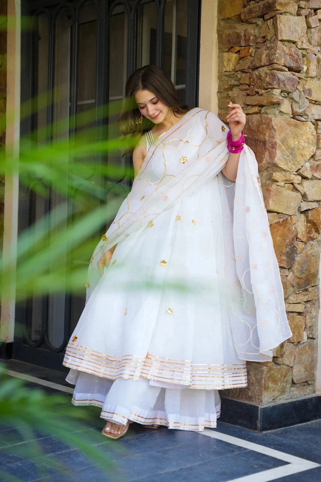 Organza white Anarkali suit with palazzo and dupatta set for women festive wear