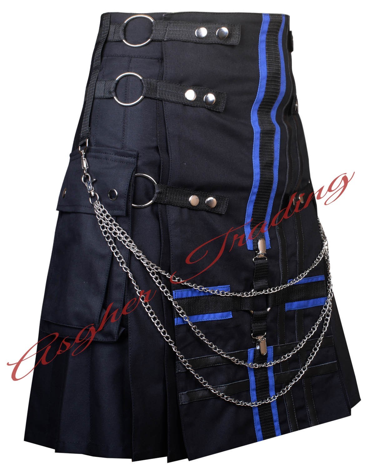 Men Blue Black Cotton Hybrid Utility Kilt Punk Goth Fashion kilts & Custom Size