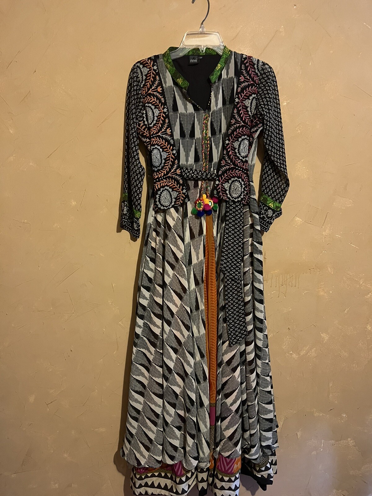 Indian Long Kurti Dress XL Mixed Print Beading Pom Pom Mirror