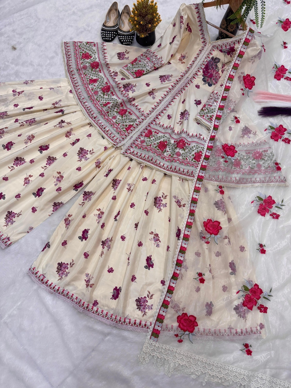 Heavy Natural Crep Silk and Multi Cotton Dagha With 5mm Embroidery
