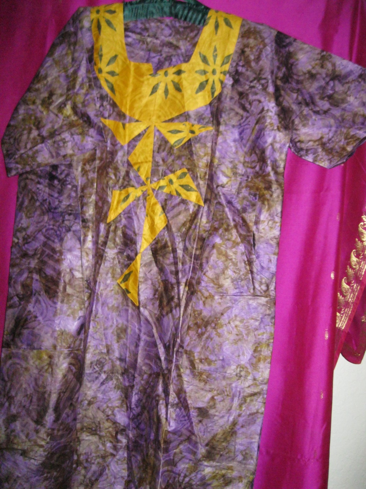 AFRICA, HAND DYED PURPLE/BLACK GARMENT W/ ORANGE TRIM, NEW, SZ.L.