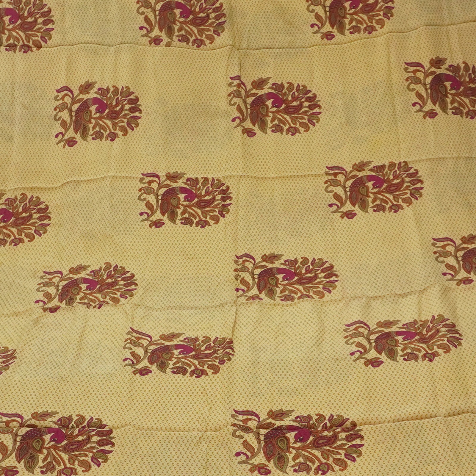 Vintage Beige Saree 100% Pure Crepe Silk Peacock Printed Zari Border Sari Fabric