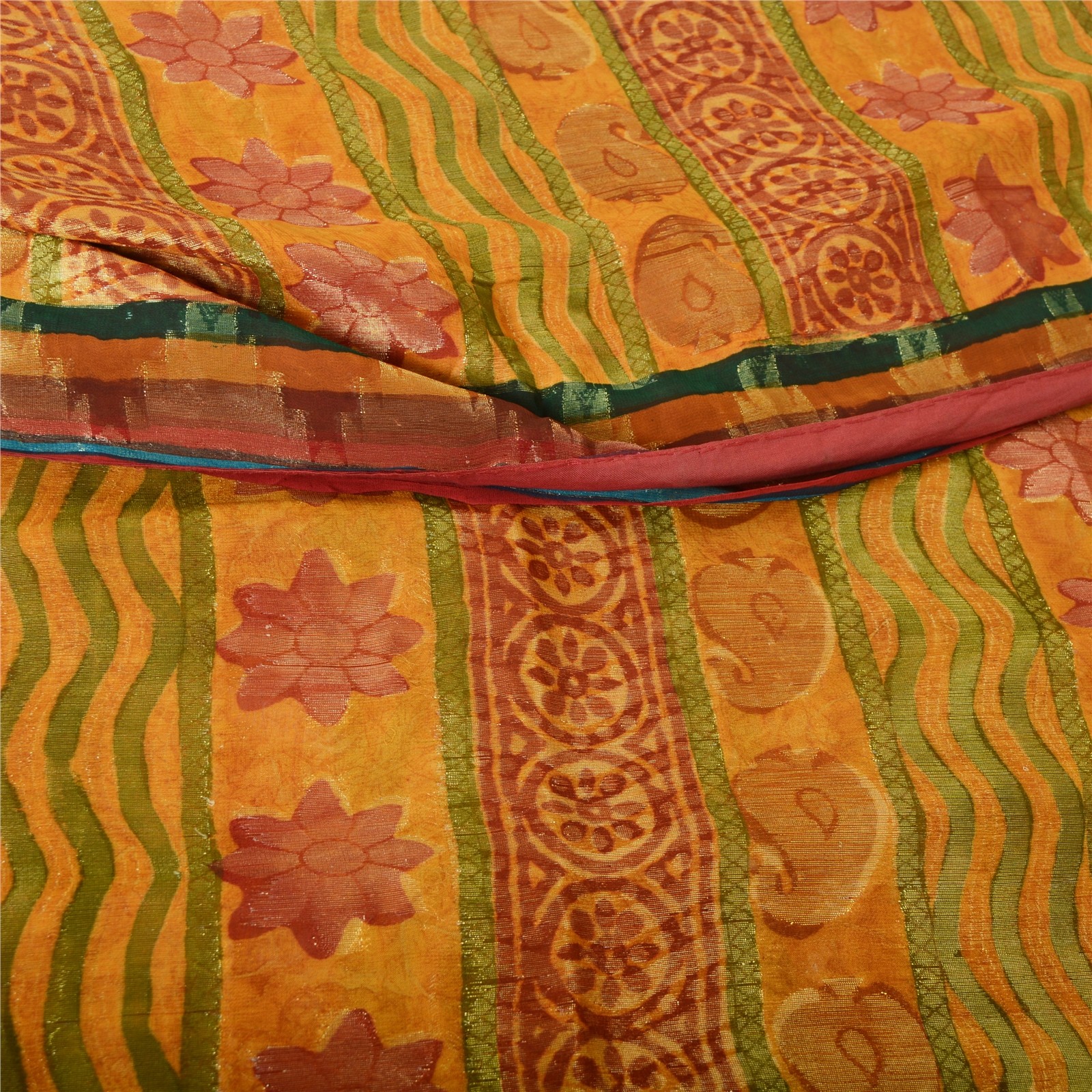 Sanskriti Vintage Saffron Sarees Print Pure Georgette Sari 6 Yd Craft Fabric
