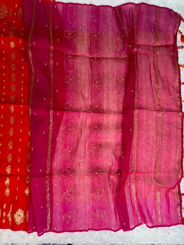 Dhakai Jamdani Karcupi Karada & Sequin Embroidery Saree with Ready Blouse 36-40
