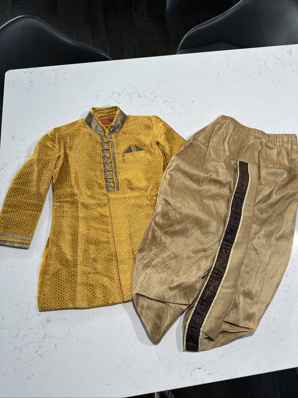 Silk Kids Kurta Pyjama Toddler 4-5T Tunic Churidar Indian Beaded Gold Yellow