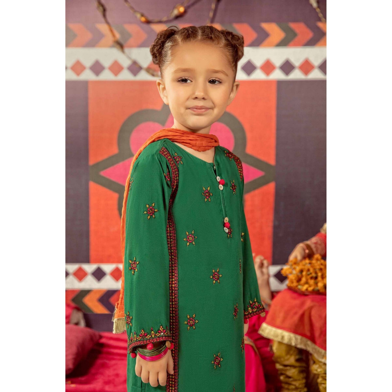 Maria B. Girls Pakistani 3 Piece Kameez Trouser Outfit, 2-4 Years, Green/Orange