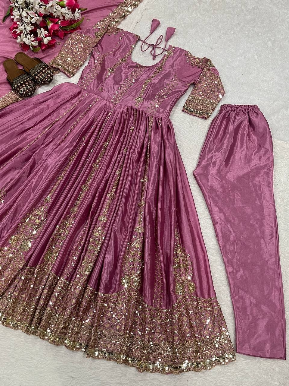 Exclusive Dusty Pink Heavy Chinon Silk Gown Bottom And Dupatta For Reception