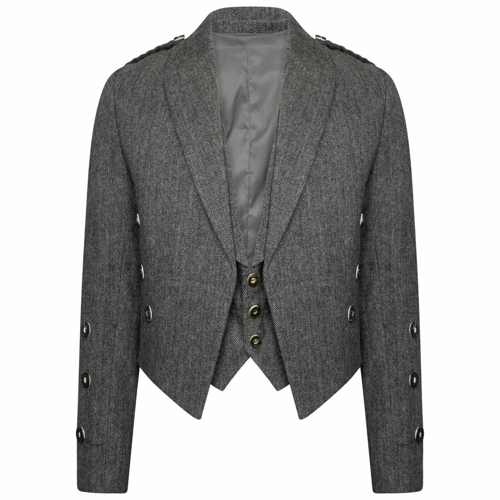 Men Scottish Grey Tweed Prince Charlie Jacket 3 Button Vest Kilt wedding jacket