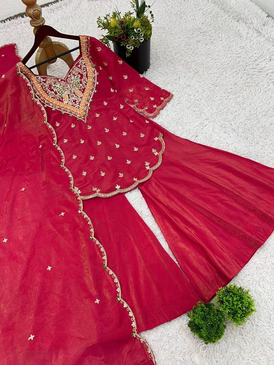 Classy Red Heavy Simar Silk Top And Palazzo With Dupatta For Traditional Wear