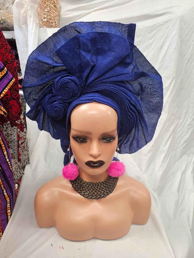 Nigerian Wedding Traditional african Royal Blue Auto gele women Headtie