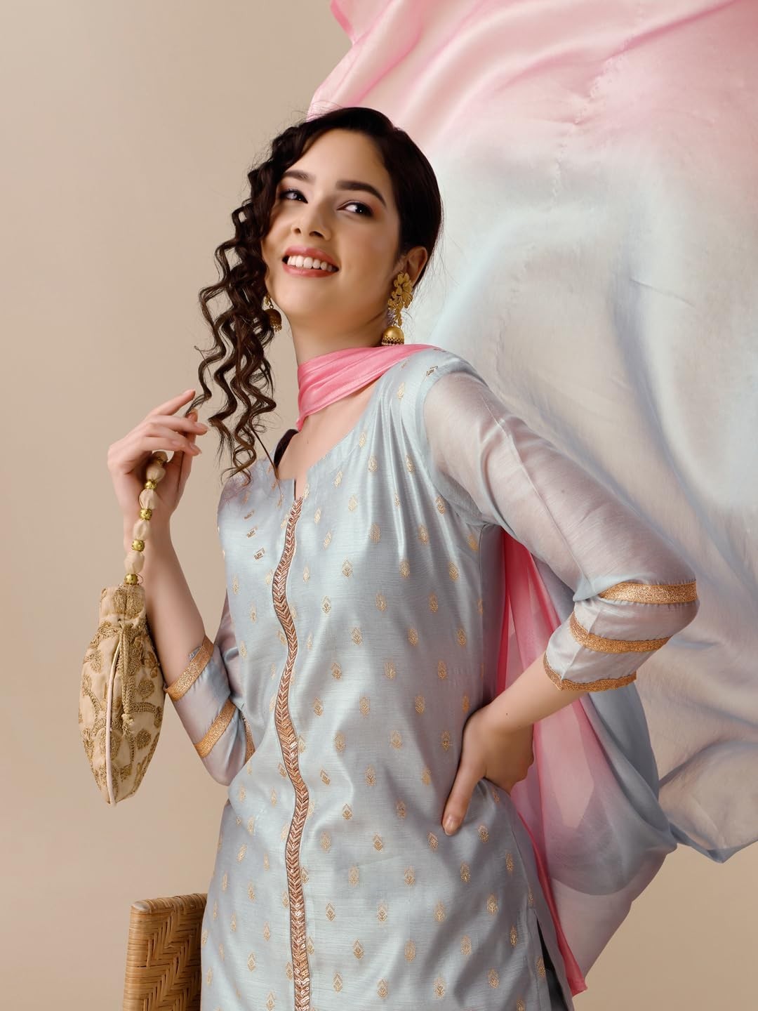 Women’s Chanderi Silk Jacquard Straight Kurta Pant with Dupatta