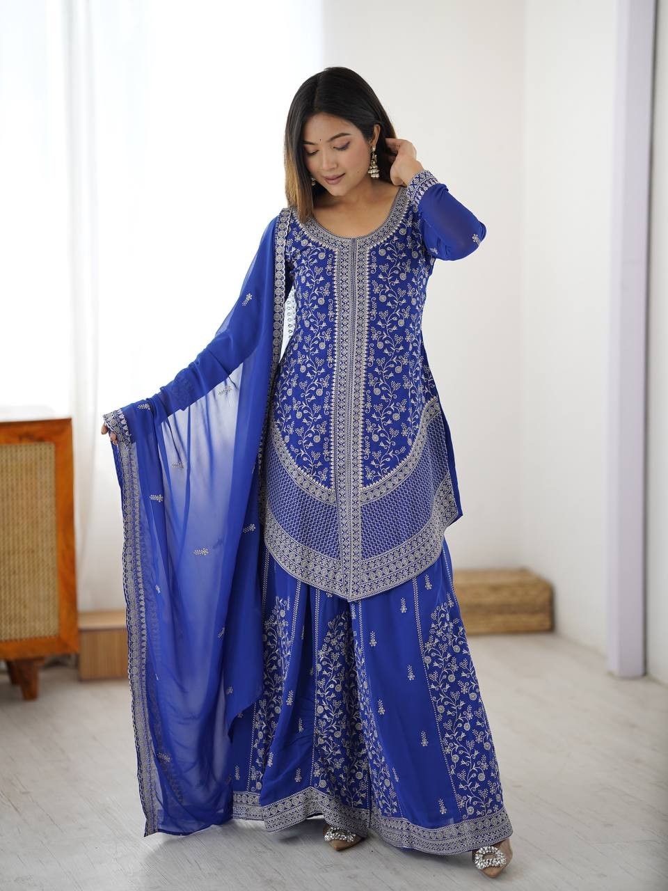 New Presenting Faux Georgette Blue Palazzo Suit With Dupatta For Festival Wear