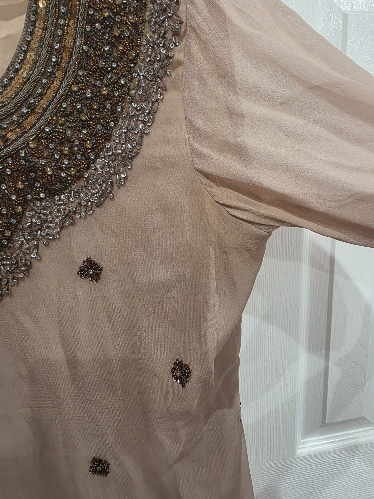 Embroidered Salwar Kameez Suit Silk Shalwar Kameez Dupatta Khaki M 19.5″ Chest