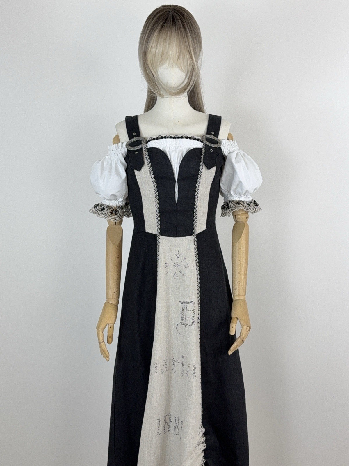 Fuchs Trachtenmoden Octoberfest Folk Linen Dirndl Dress Black Beige Lace 34/XS