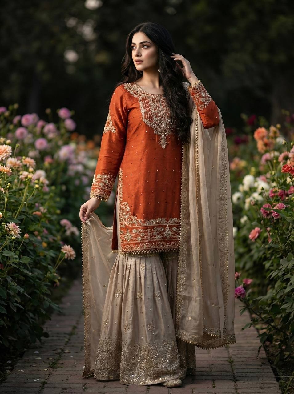 Fancy Rust Orange Jimmy Choo Silk Sharara Set With Gold Embroidered Work Dupatta