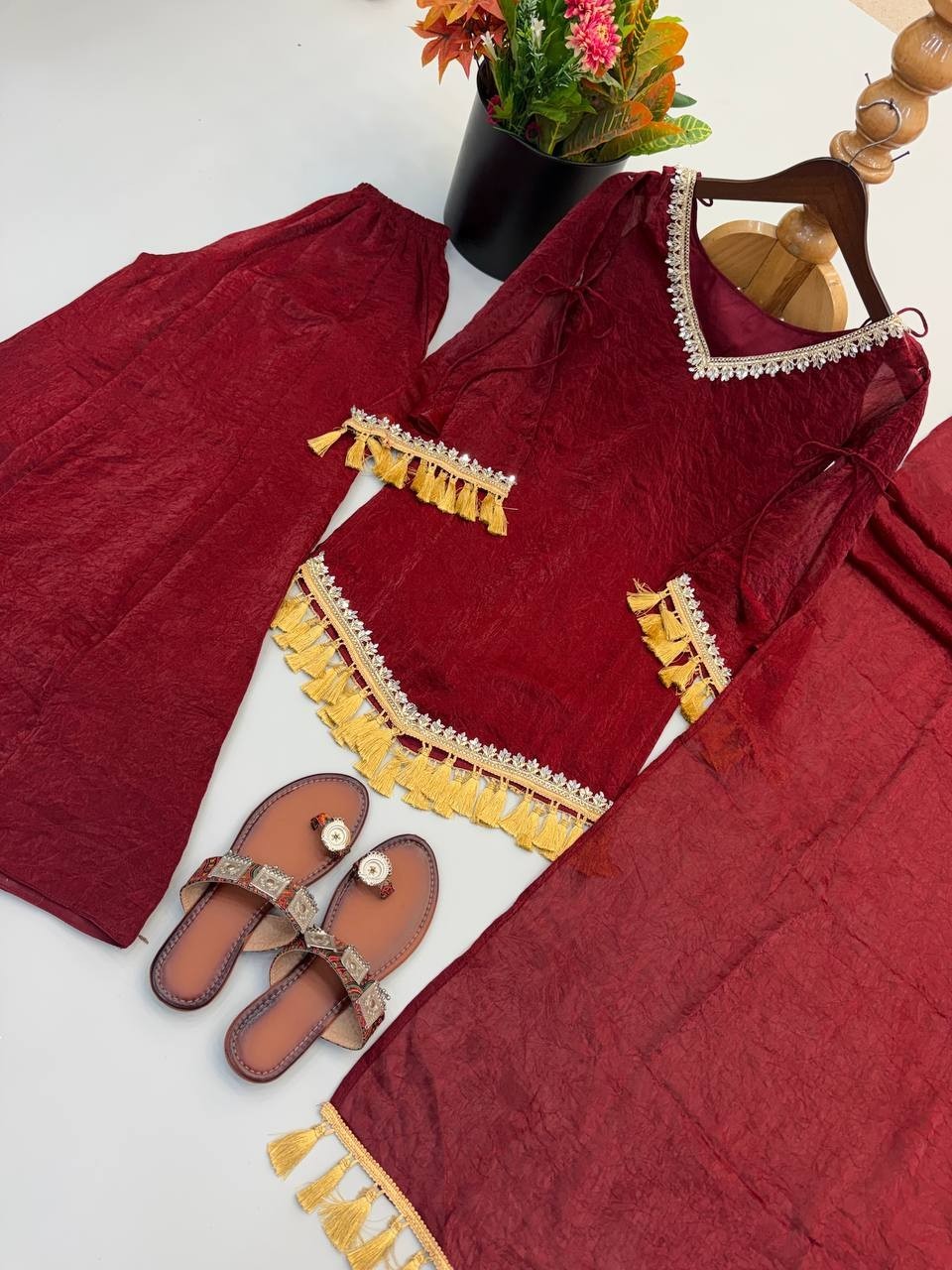 Bollywood Style Doremon Crush Maroon Top Palazzo With Dupatta For Reception
