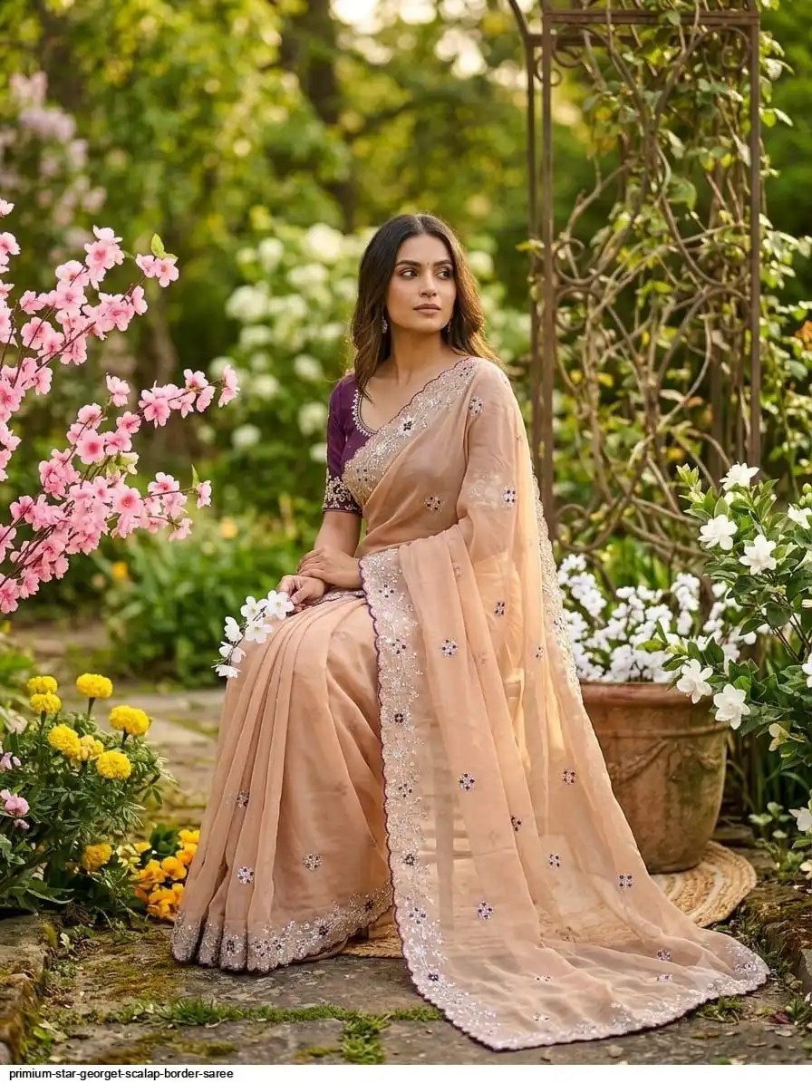 Premium Star Georgette Golden Saree – Multi Sequence Embroidery & Scallop Border