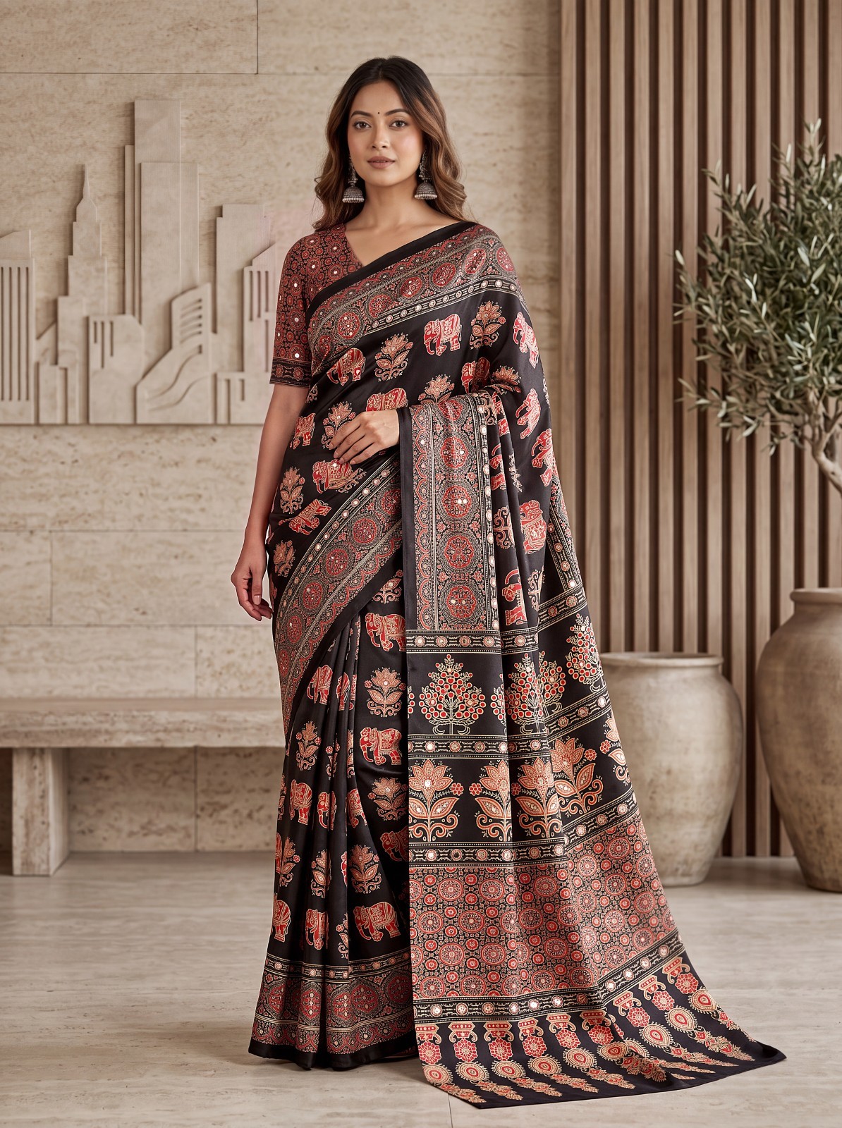 Intricately Ajrak Digital print saree in vibrant hues, perfect for Wedding