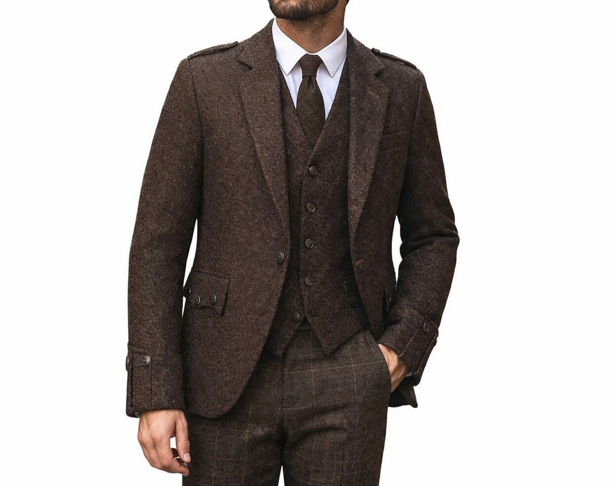 Men’s Brown Tweed Argyle Jacket with Vest Scottish Wedding Highland Outfit