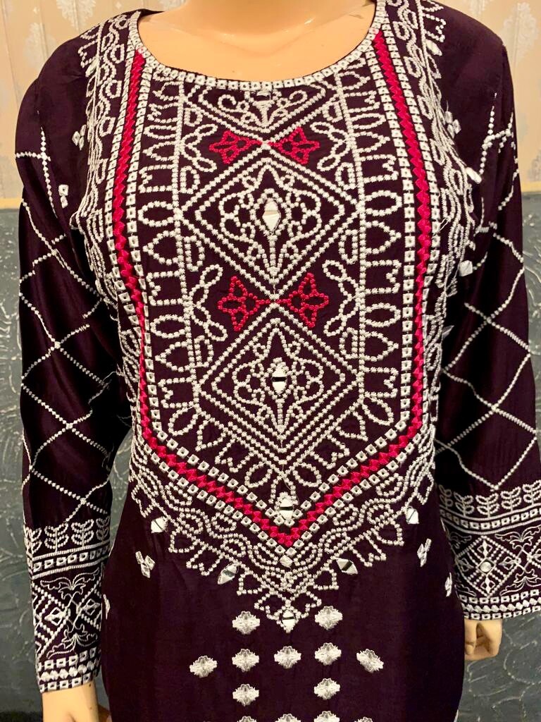 Pakistani Dark Purple Printed Straight Shirt 3pcs linen Suit w/ Threadwork ,L