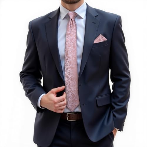 Mens Tie Set Silk Solid Paisley Necktie and Pocket Square Pink Paisley
