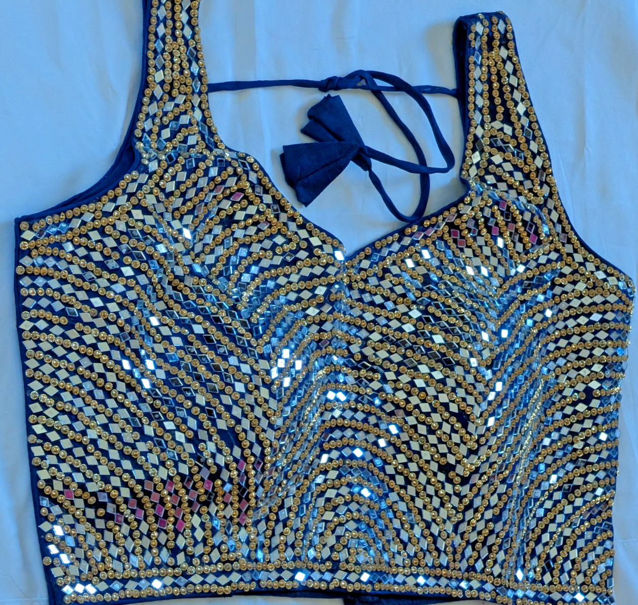 Saree Blouse Choli Readymade Mirror Golden Bead Latkan Sleeveless Blue 5″x19″