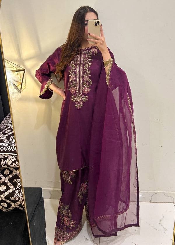 Stunning Look French Crepe Wine Top Bottom With Dupatta For Function Wear