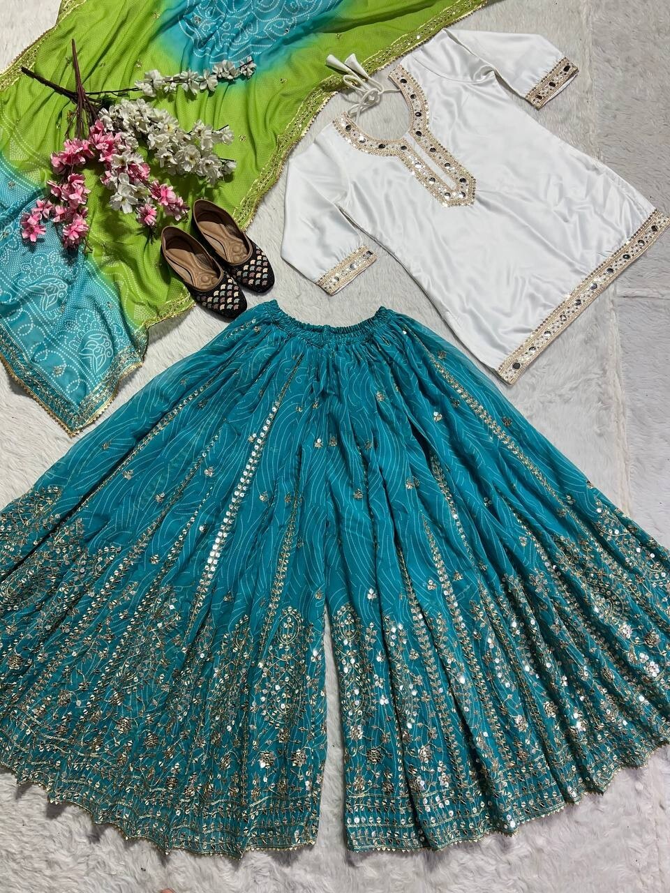 Women Pakistani Malay Silk White Color Heavy Sharara Suit For Wedding Wear Dress