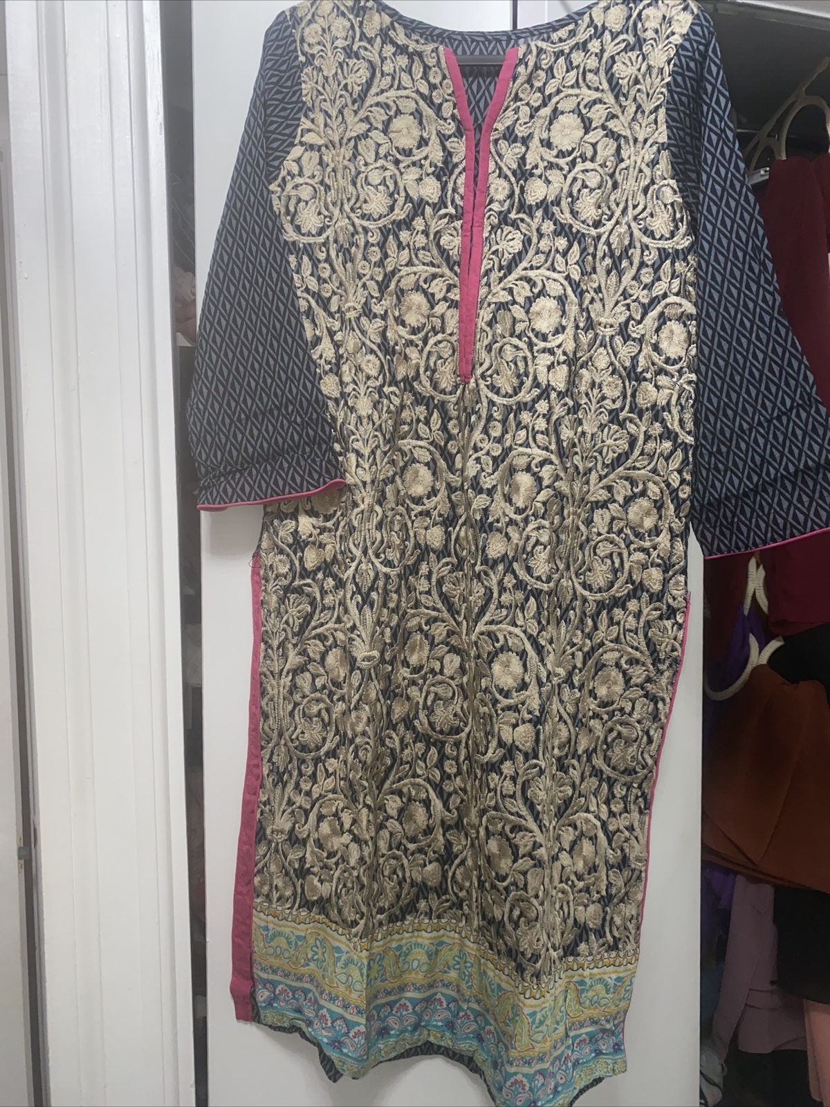 3 piece Embroidered Khaadi suit large full work, cotton lawn chiffon dupatta top