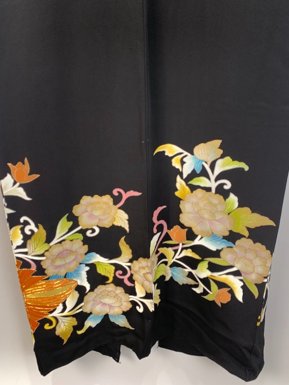 Vintage Japan Silk Kurotomesode Kimono Dress M Black Peony Yuzen Kinsai Gift Fed