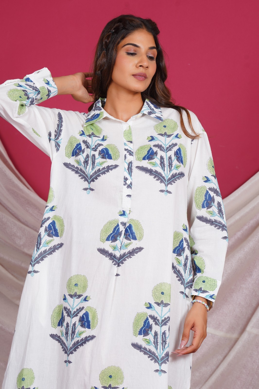 Hand Block Printed Cotton Long Kurta for Women Floral White Tunic with Side Slit