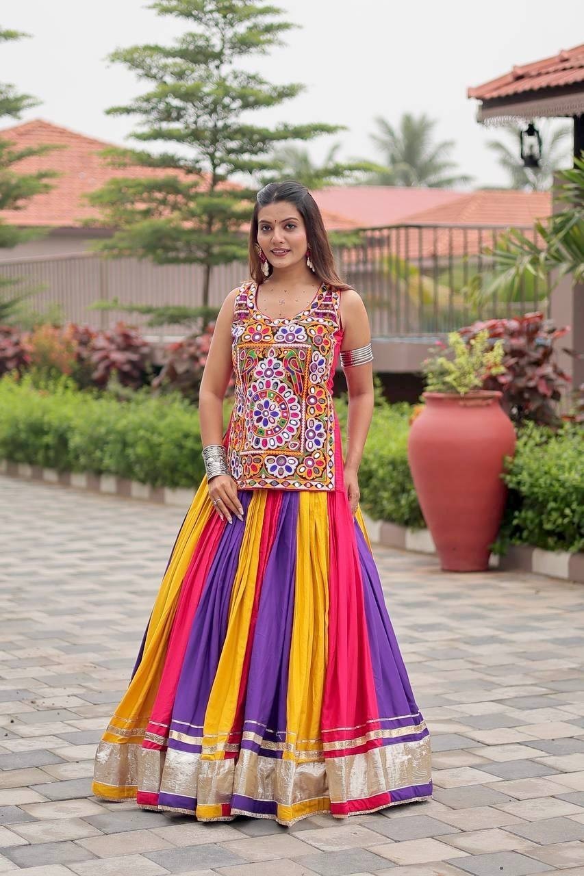 Indian Multicolor Pure Cotton Lehenga Choli Set Women Kutchi Embroidery Navratri