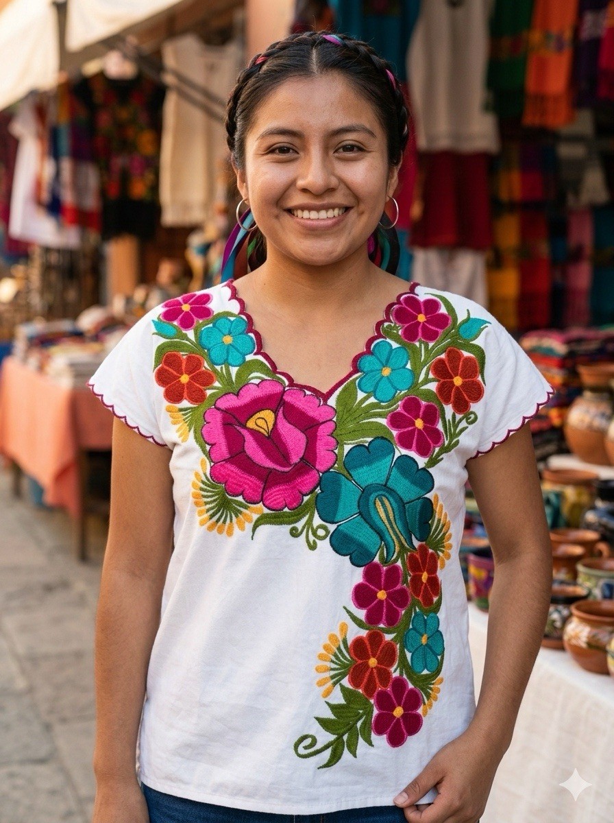 Huipil Embroidered Floral Cotton Blouse Multi-Color Women’s Traditional