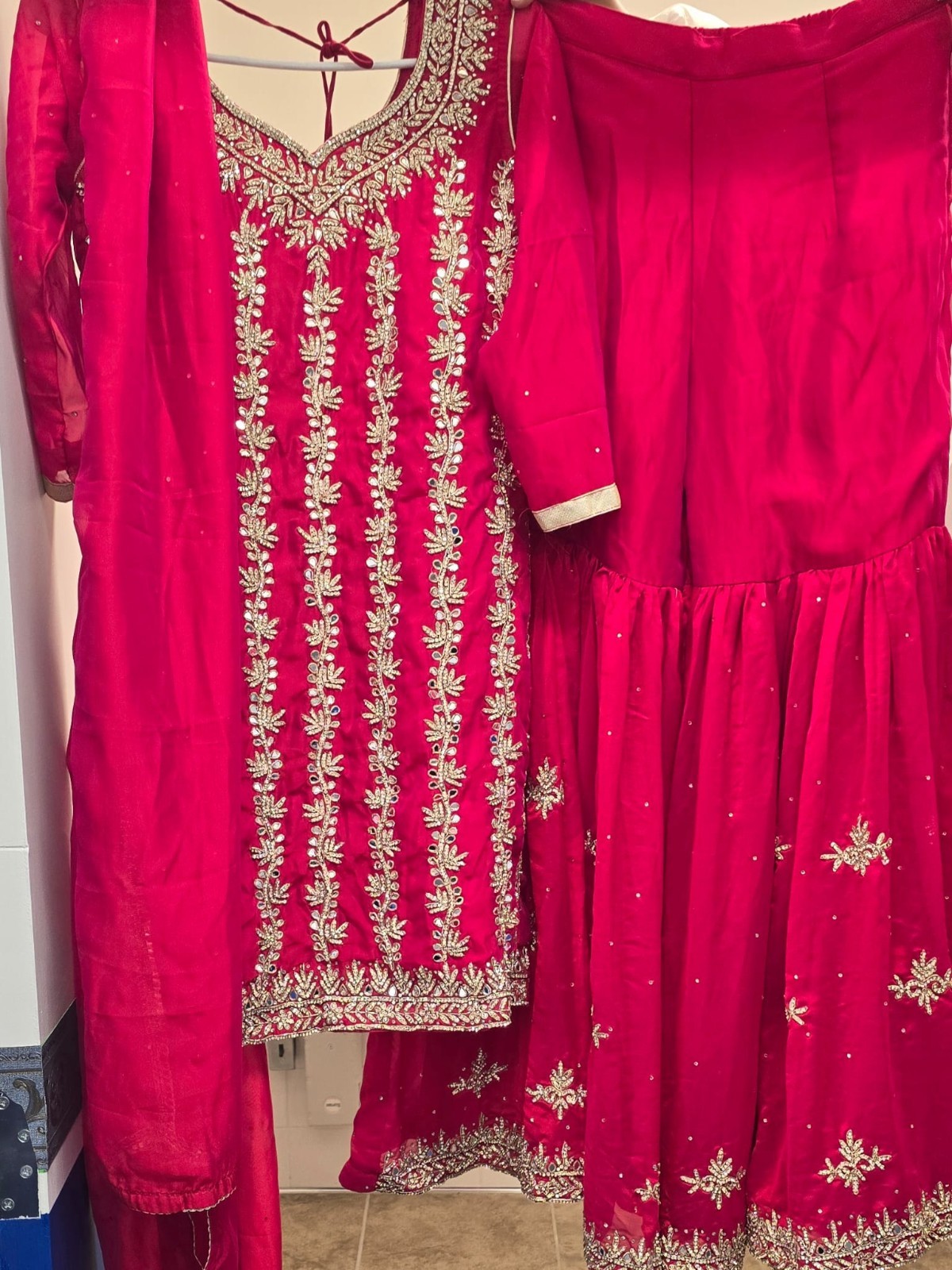 Red Chiffon Salwar Kameez with Gold Embroidery & Matching Dupatta for Women