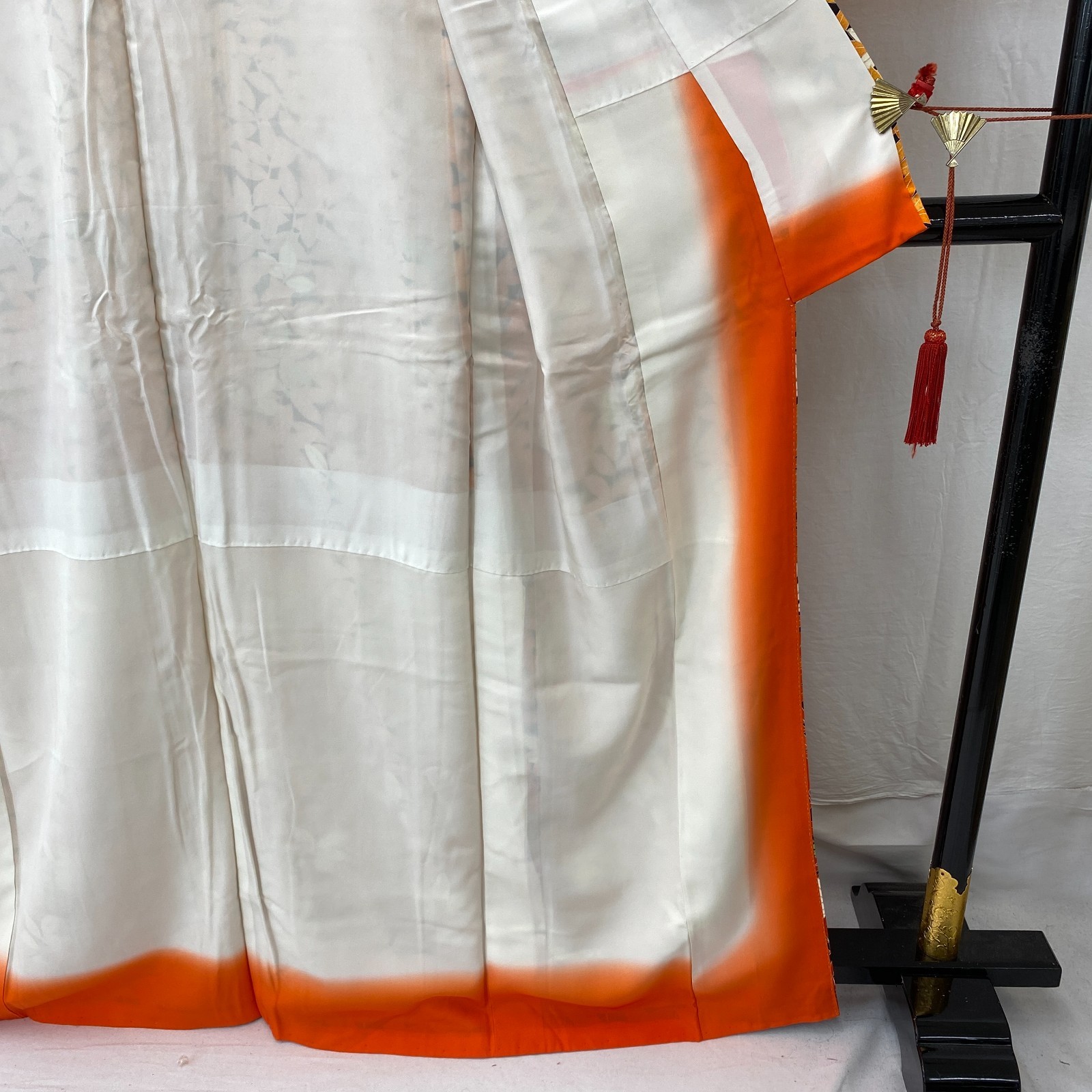 Japanese Vintage Kimono Polyester Orange Traditional Authentic Length 64 in