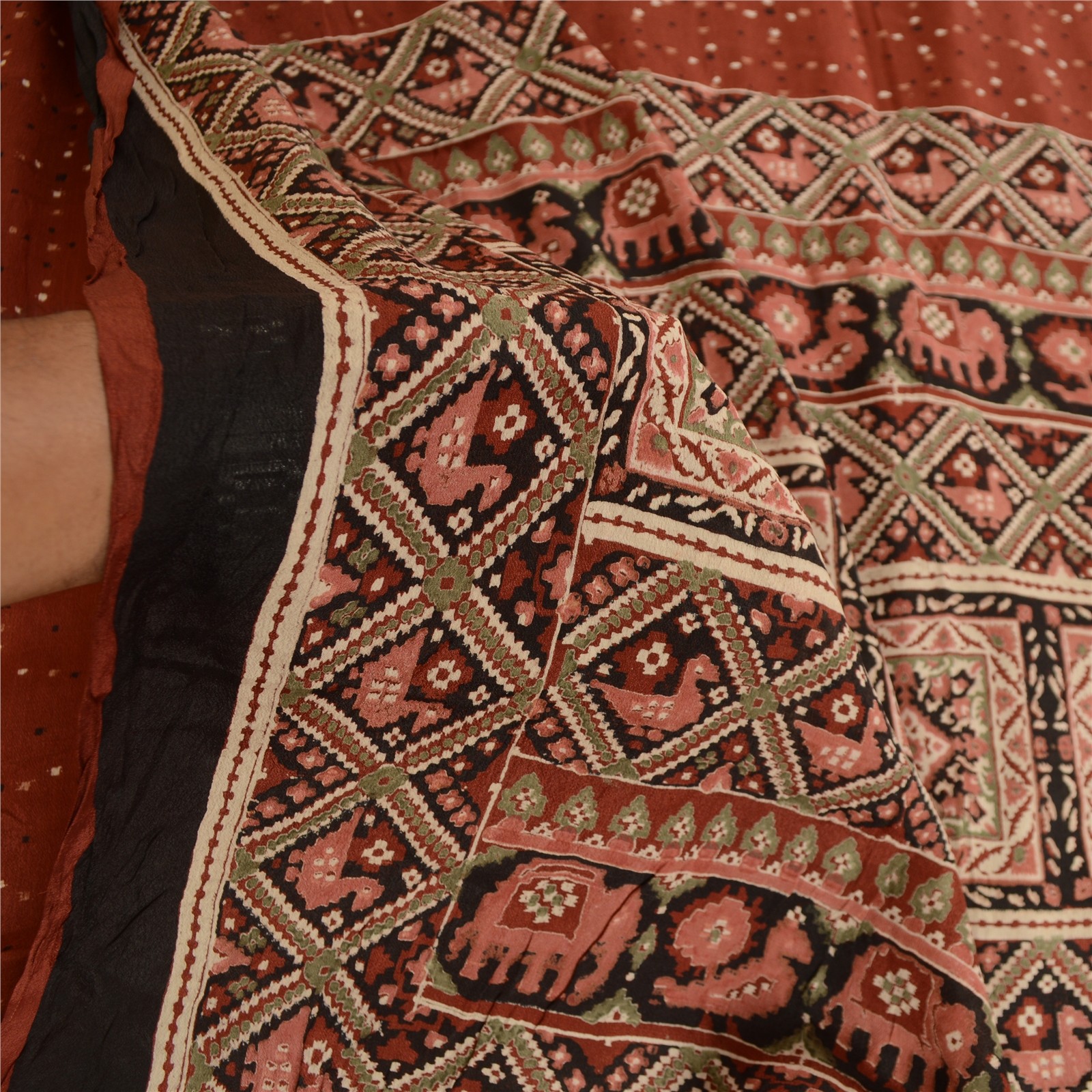 Sanskriti Vintage Sarees Coffee-Brown Animal Print Pure Silk Sari 6 Yard Fabric
