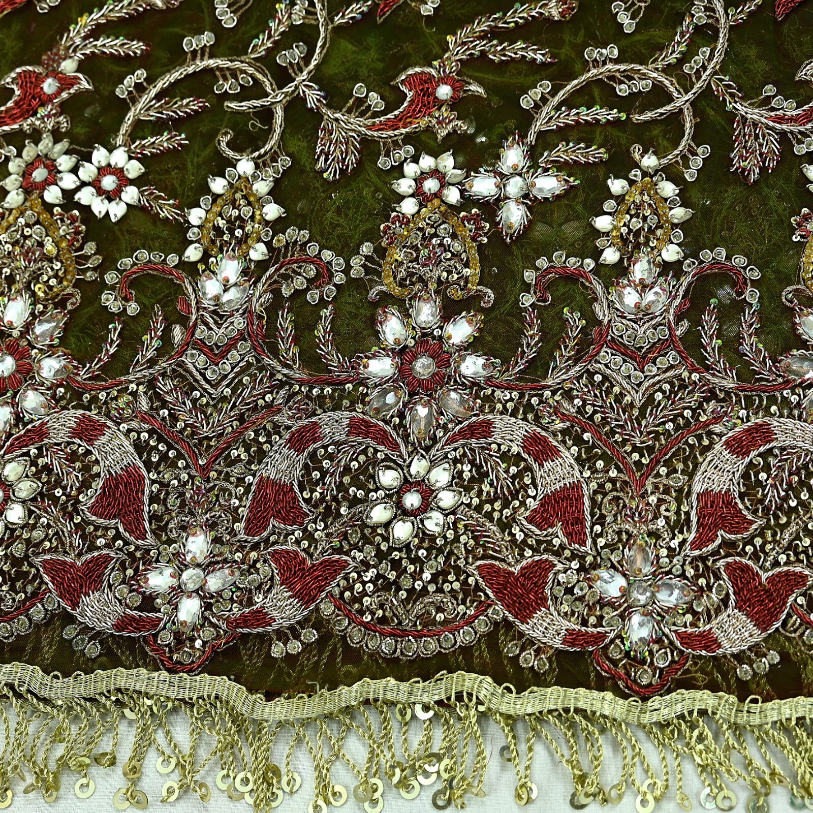 Vintage Heavy Green & Maroon Dupatta Net Mesh Long Stole Hand Embroidered Veil