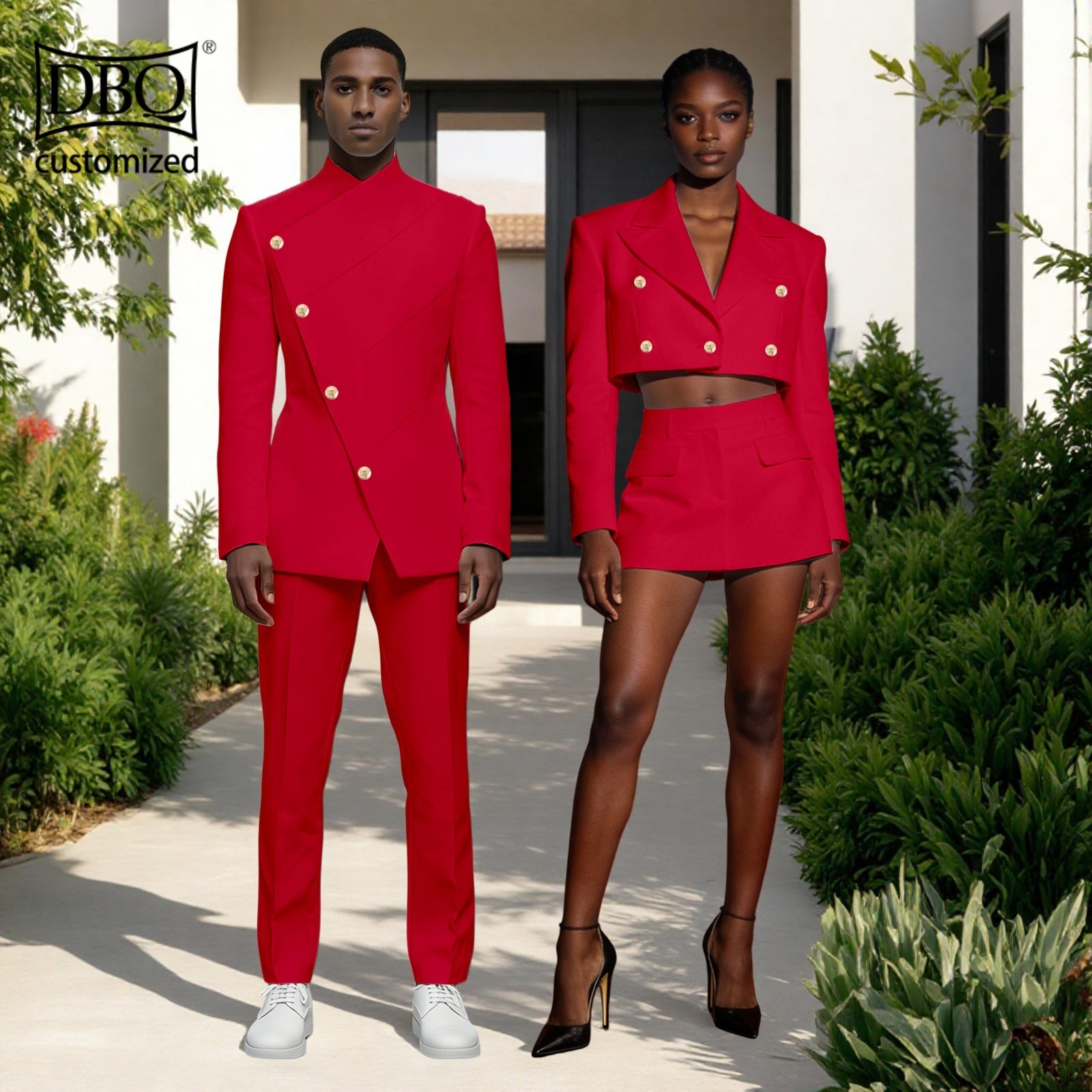 African Couple Cloth Customizable Men Jacket Pants Set Women Short top Skirt Set