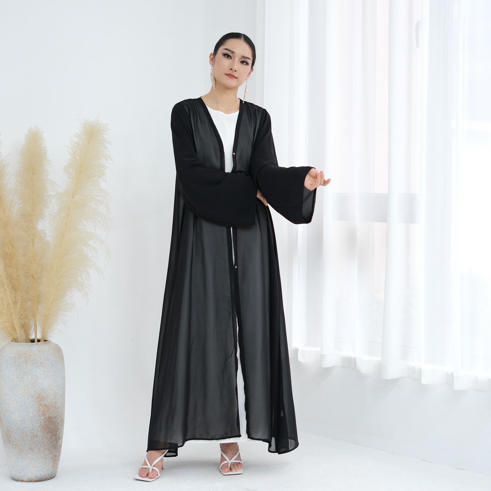 Dubai Women Open Abaya With Hijab Elegant Loose Cardigan Solid Color Inner Dress