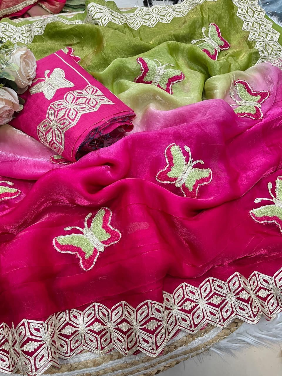 Fendy Pending Saree Soft Elegant Butterfly Embroidery Gota Patti Lace Mono Silk