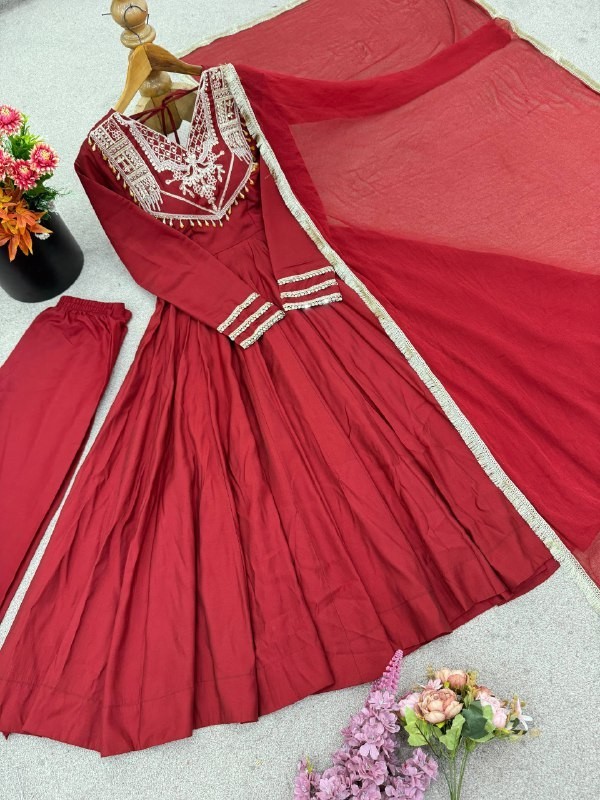 Attractive Designer Roman Silk Red Gown Bottom With Dupatta For Wedding