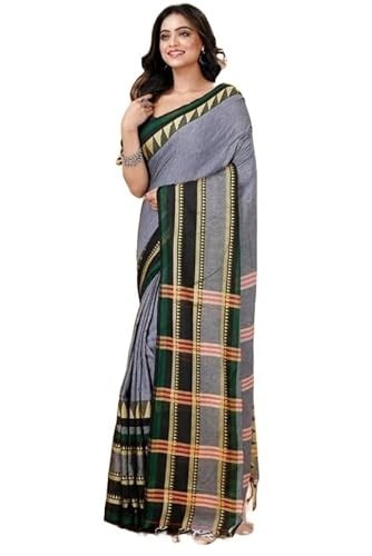 Traditional Cotton Khadi Handloom Saree Geometric Border, Cotton Blend