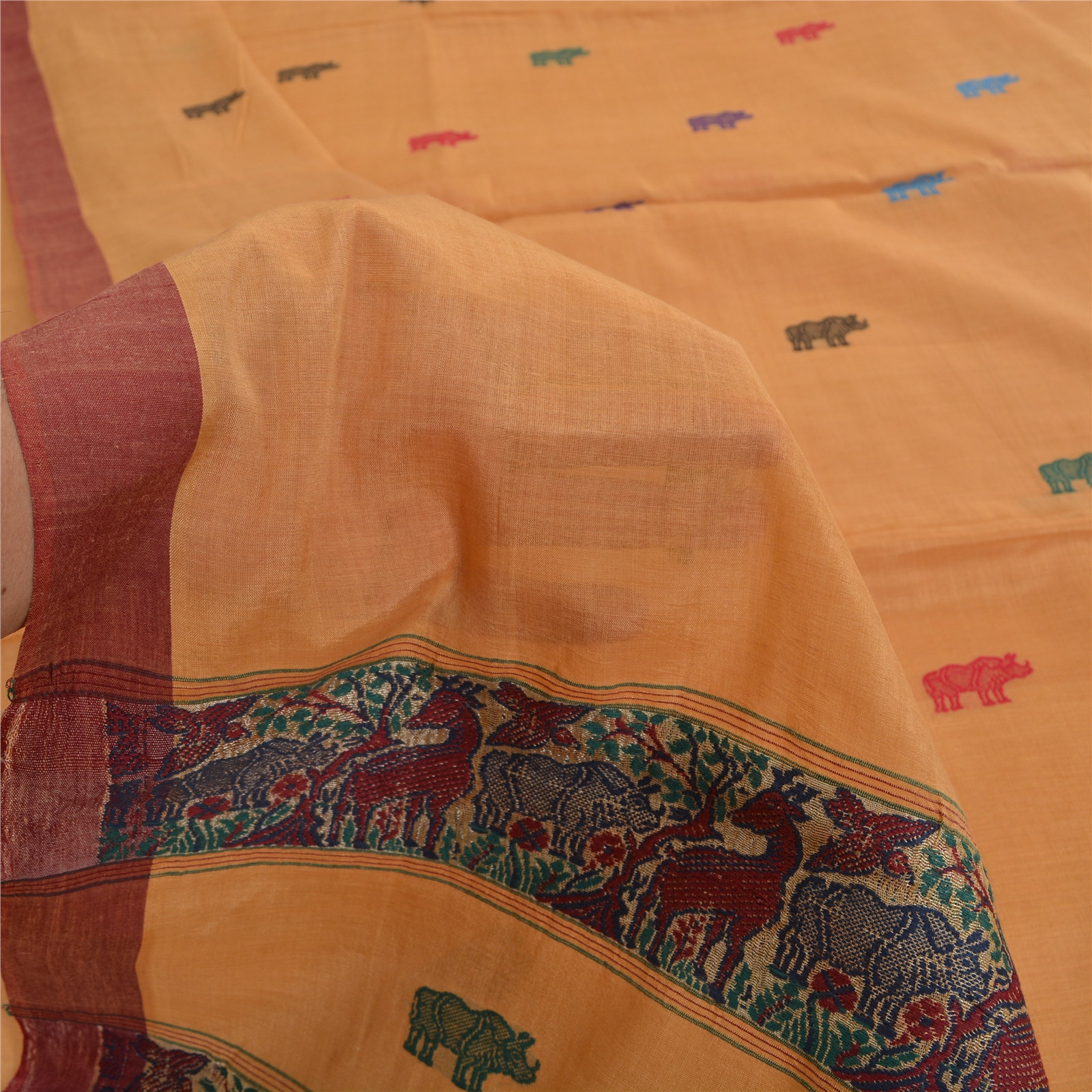 Sanskriti Vintage Peach Indian Sarees Pure Cotton Woven Animal Sari 5 Yd Fabric