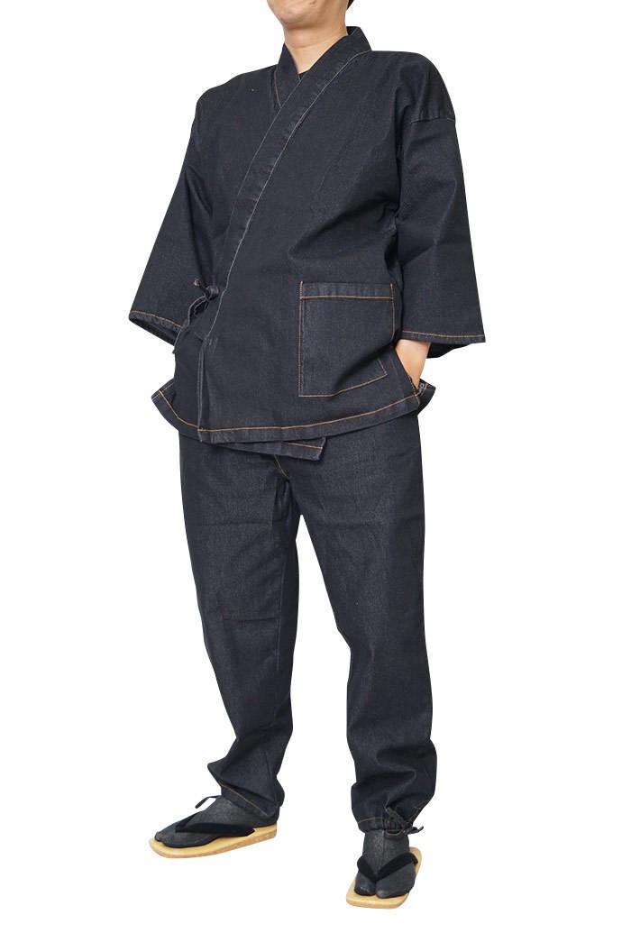 Himeka Mens Denim Stretch Samue Set Black LL Japanese Traditional Zen Workwear