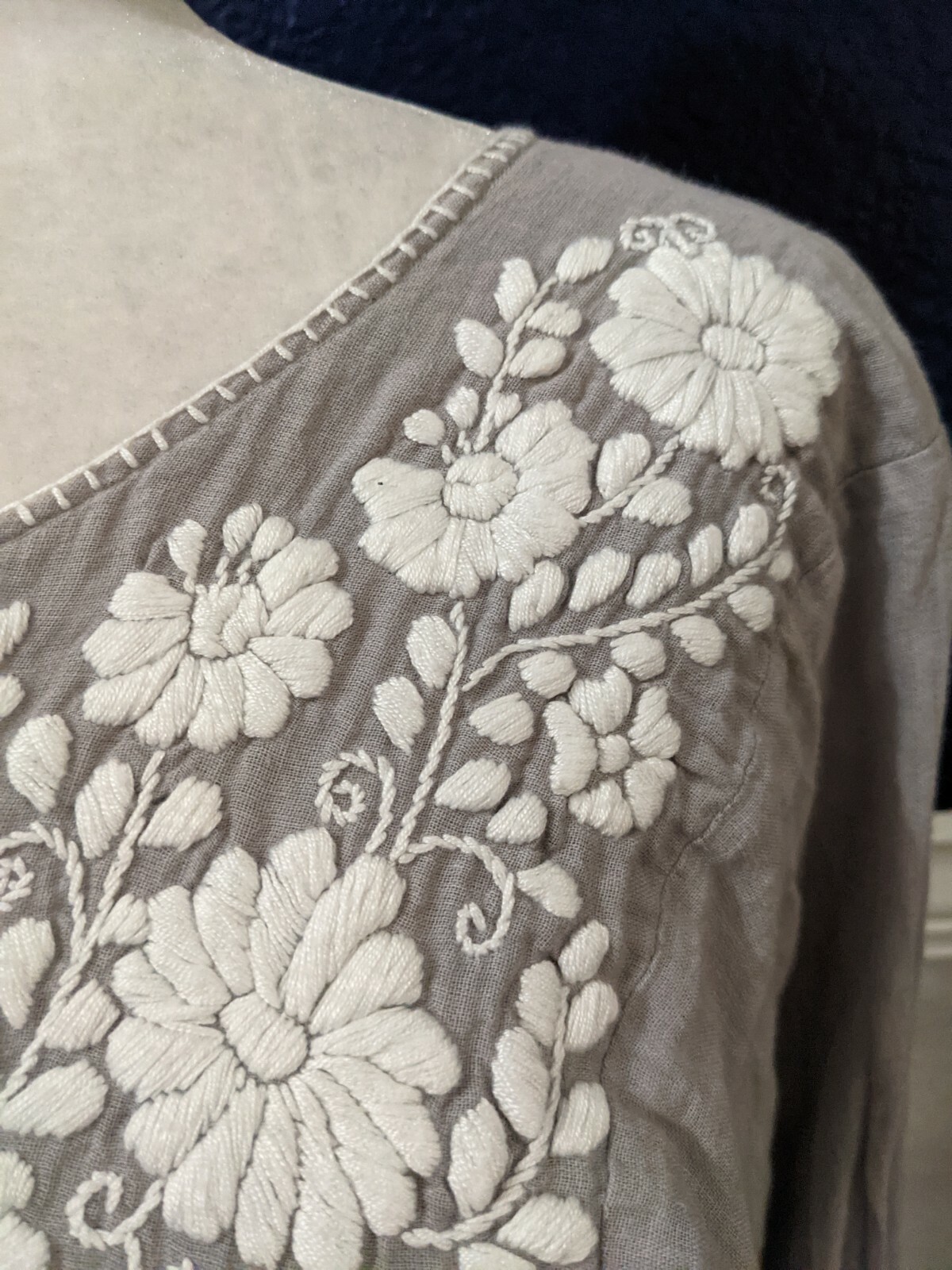 Siren Mexican Embroidered Boho Gray Shirt Blouse Festival Sz XS Extra Small