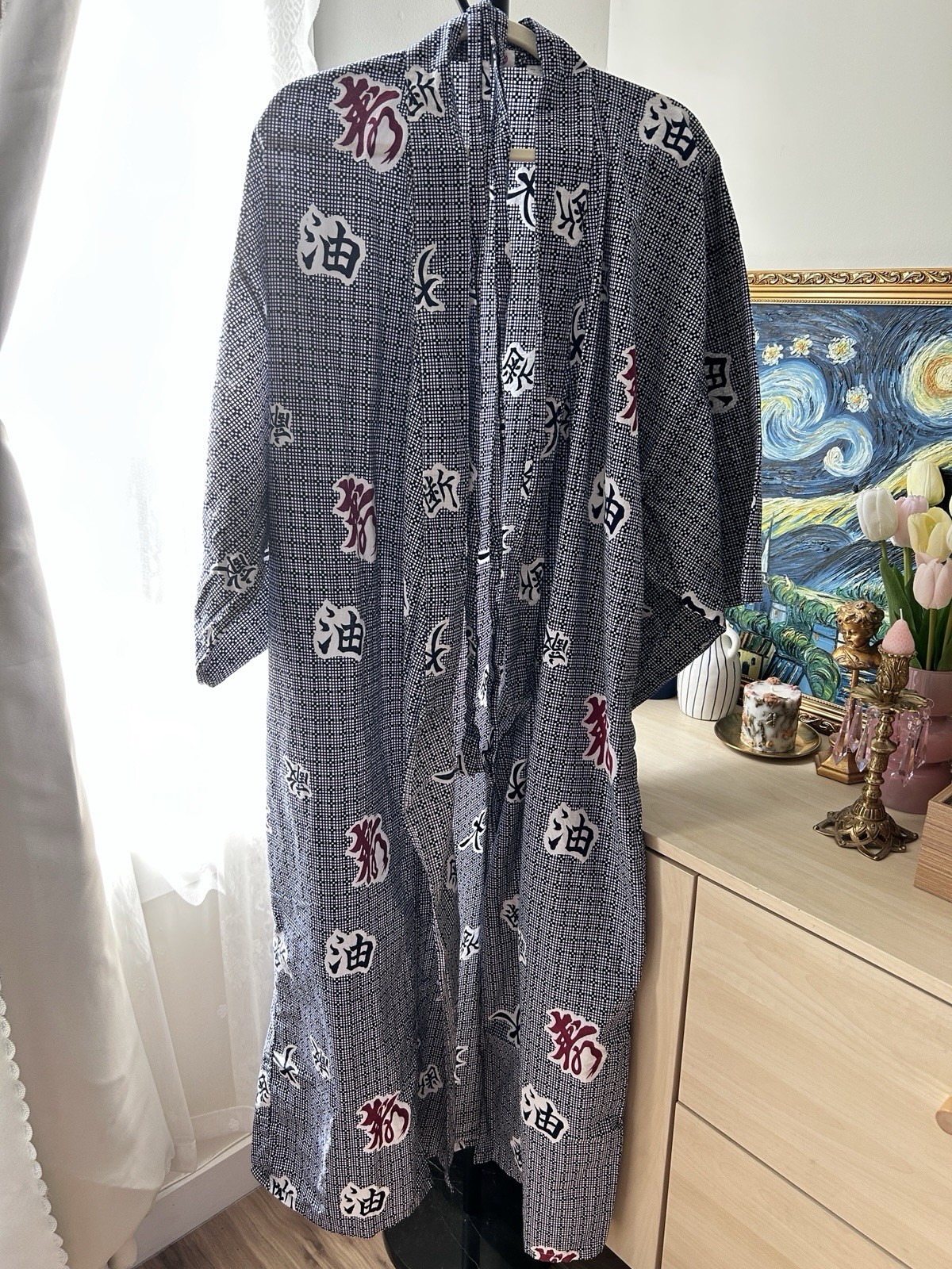 Unisex Adult Blue Cotton Woven Kimono Robe Kanji Print Size M