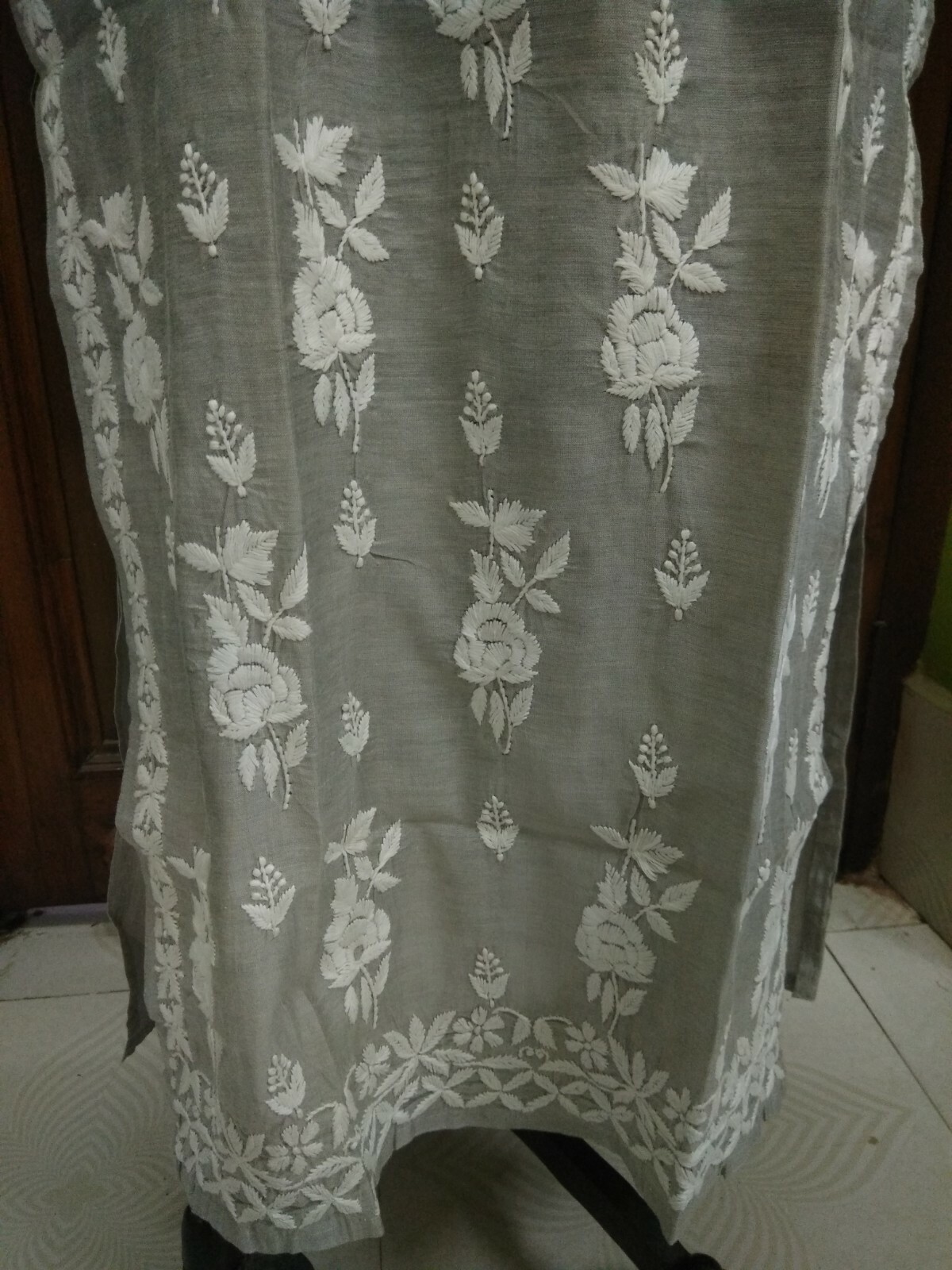 LONG XS S 36″ M 40″ PURE CHANDERI FABRIC HANDMADE ETHNIC CHIKAN EMBROIDERY TOP