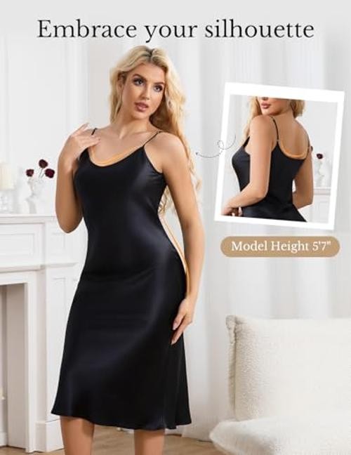 Silk Long Nightgowns for Women, Pure Mulberry Silk Charmeuse XX-Large Black