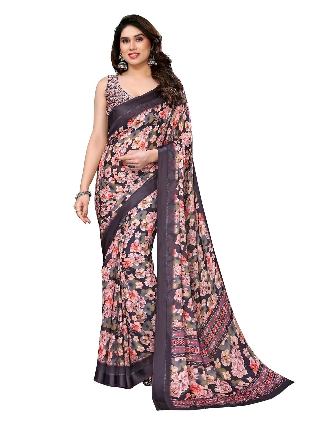 Women’s Floral Digital Printed Bright Moss Silk Saree with Blouse Piece