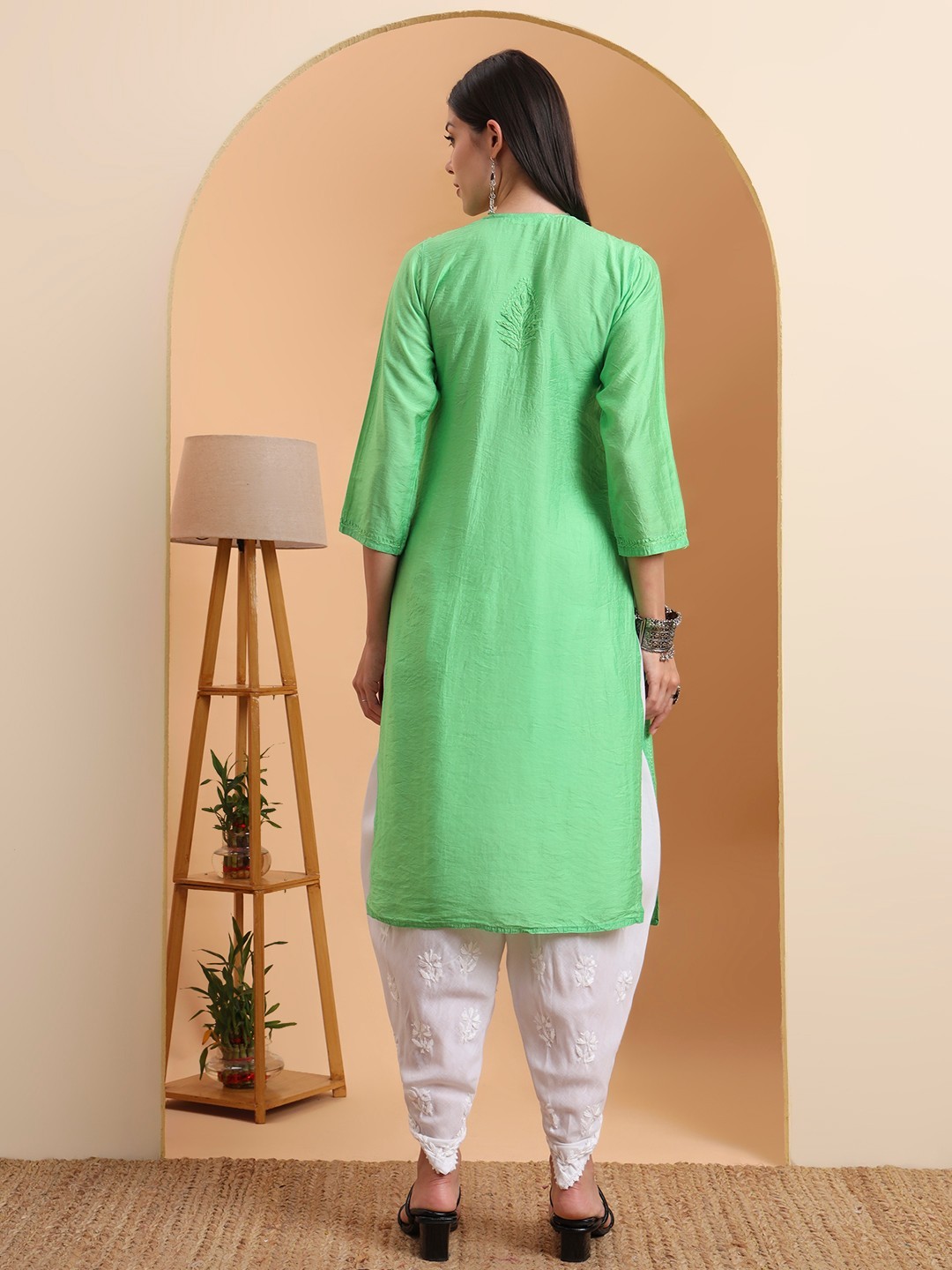 Women Green Chanderi Chikankari Kurta |Embroidered Straight Kurti |Festive Wear